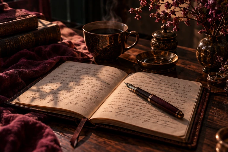 Open journal and a warm cup beside a window