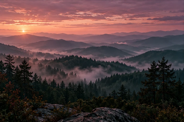 Layers of mountains in the evening mist